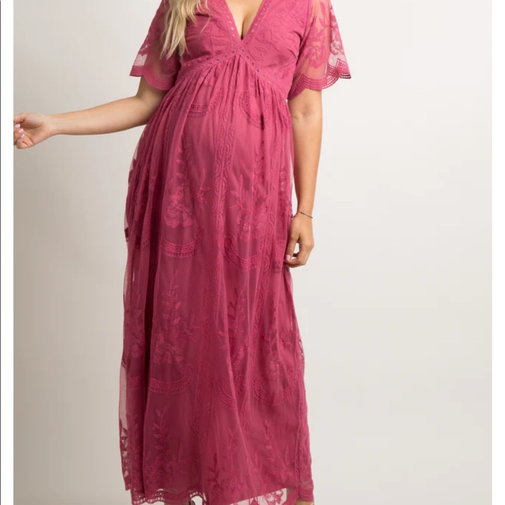 PinkBlush Lace Mesh Overlay Maxi Dress